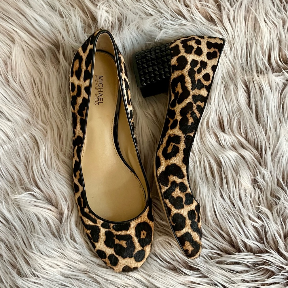 Michael Kors Arabella Leopard Calf Hair Studded Kitten Heels